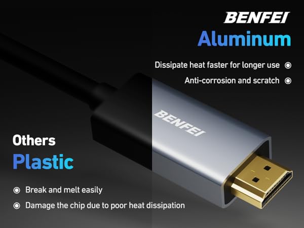 BENFEI aluminum vs plastic connector comparison diagram showing heat dissipation benefits and anti-corrosion features of aluminum construction over plastic.