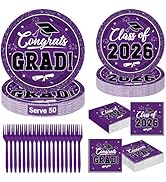 Graduation Party Supplies Set for 50 Guests, Purple Graduation Plates and Napkins 2026, 200Pcs Di...