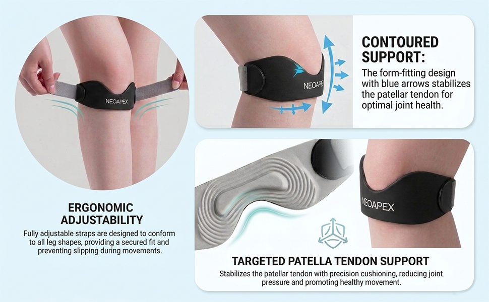 Adjustable patella strap with contoured fit and targeted tendon support for stable movement