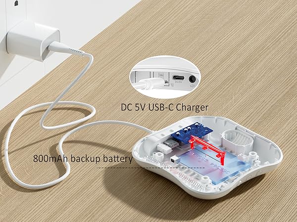 The gateway operates on DC 5V USB-C (cord included) &amp; features a built-in 800mAh backup battery.