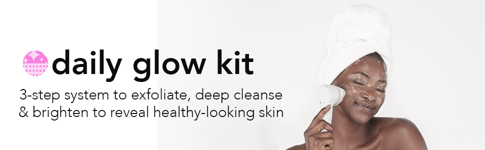Daily Glow Kit is a 3-step system to exfoliate, deep cleanse, and brighten for healthy looking skin