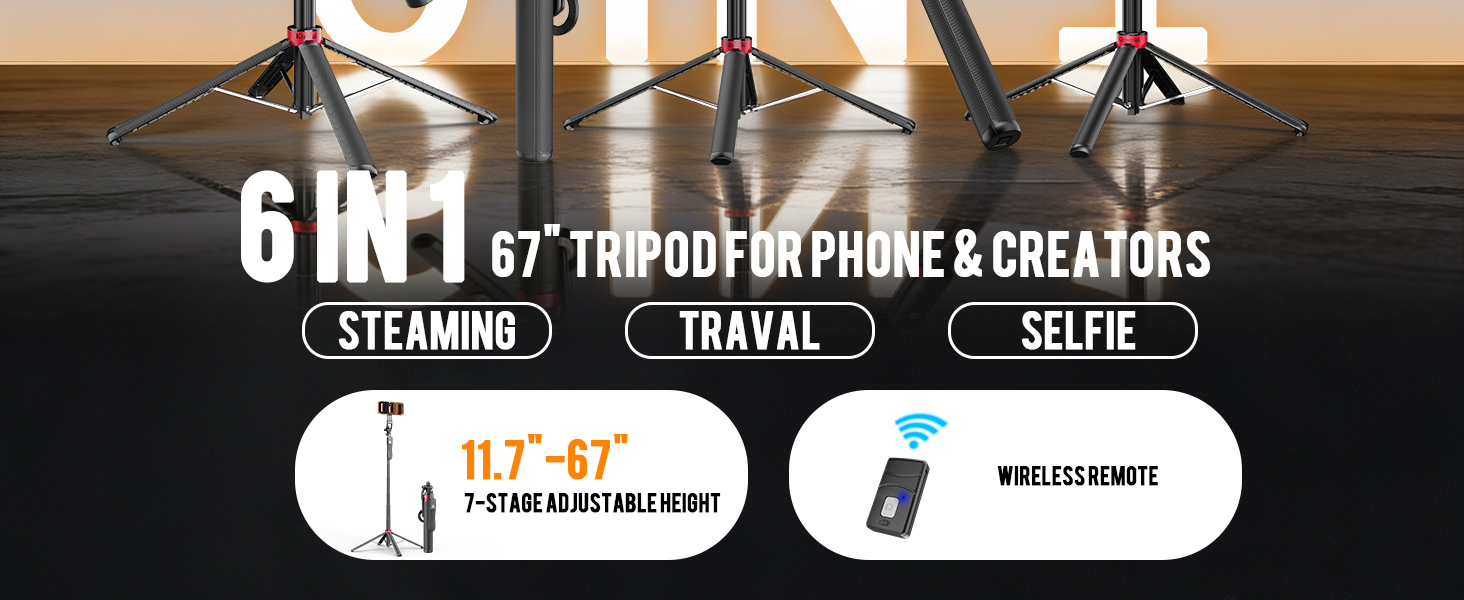 Kinwald 6-in-1 magnetic phone tripod with 67-inch adjustable height and wireless remote for creators