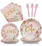 96Pcs 1st Birthday Party Supplies Girls’ One Birthday Plates Napkins Dinnerware First Year Floral...