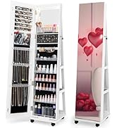 CHARMAID Jewelry Cabinet Armoire with Wheels, 64" H Full Length Mirror, 3-Color LED Lights, Heigh...