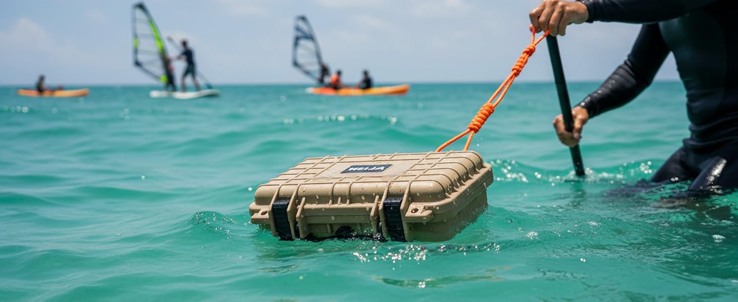 Waterproof case being pulled through turquoise ocean water, with windsurfers visible in the background.