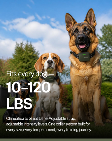 Three dogs of different sizes sitting in a row on green lawn, all wearing SafeShock collars