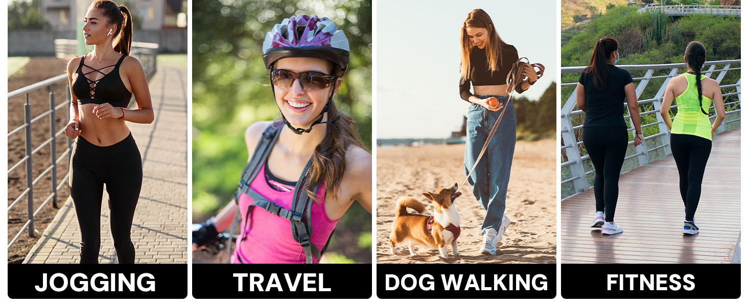Women using wristlet wallets while jogging, traveling, walking dogs, and working out