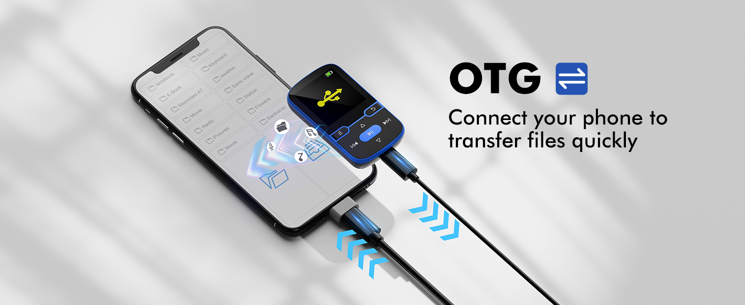 Text reads 'OTG Connect your phone to transfer files quickly'. Shows smartphone connected to small blue-lit OTG adapter device.