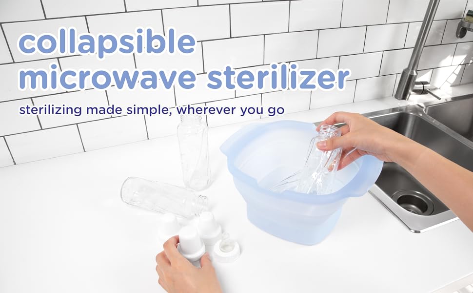 Bottle sterilizer placed on kitchen counter with baby bottles