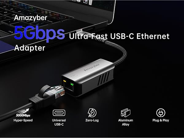 Space gray 5Gbps adapter connected to MacBook Pro boosting workflow efficiency for video editors.