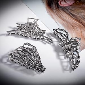 3pcs Black Gun Skull Spider Ghost Hand Hair Claw Clips for Women