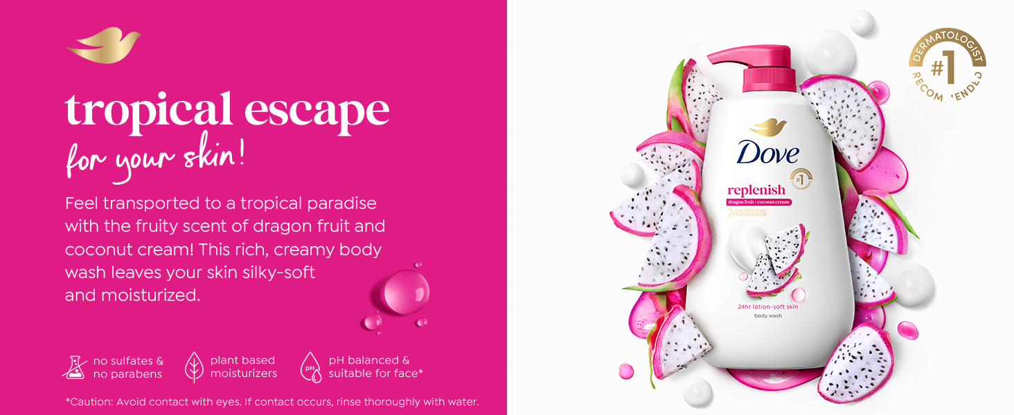 Text on fuchsia backdrop next to a Dove body wash bottle amid dragon fruit slices &amp;amp; creamy bubbles.