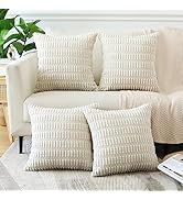 OTOSTAR Set of 4 Soft Corduroy Decorative Throw Pillow Covers 18x18 Square Striped Pillowcases Bo...