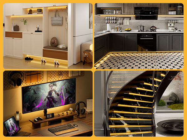 Composite of four interior design images: entryway storage unit, modern kitchen with dark cabinets, gaming setup with ultrawide monitor, and spiral staircase with yellow accent lighting.
