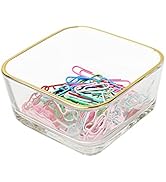Clear Paper Clip Holder Glass Bowl with Gold Rim Square Paper Clips Dispenser Colorful Paperclips...