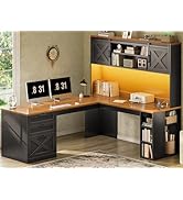 SEDETA 67" L Shaped Desk with Hutch, Farmhouse Executive Office Desks with Drawers &amp; Sliding Door...