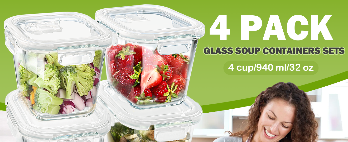 Square Glass Soup Containers with Lids, 4 Cup Glass Storage Containers for Lunch,