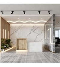 Modern Reception Desk with Counter & LED,Front Office Desk with Drawer, Keyboard Tray & Cabinet, Whi...