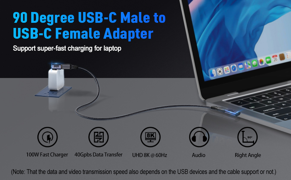 90-degree USB-C male to female adapter for laptop charging. Supports fast charging, data transfer, UHD video, audio. Connected to laptop.