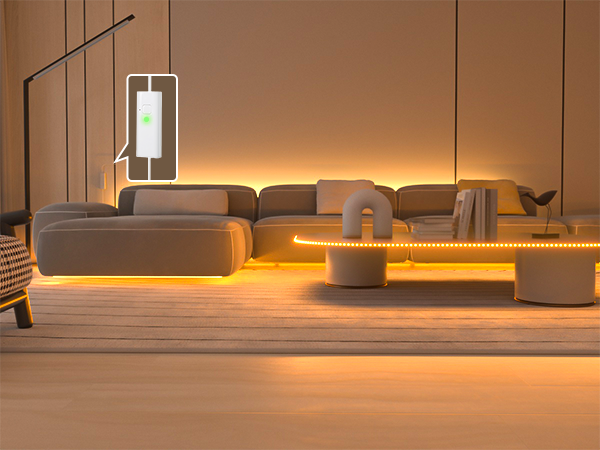 Modern living room setup with tan sectional sofa, featuring ambient LED strip lighting underneath and along the walls.