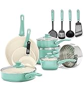 GreenLife Turquoise Soft Grip 16 Piece Cookware Set, Non-Toxic PFAS-Free Ceramic Nonstick, Pots, ...