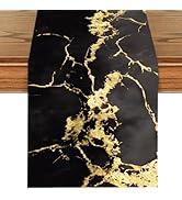 ANNA QUEEN Black Gold Table Runner 13x72 Inch, Modern Faux Marble Design with Metallic Veins, Ele...