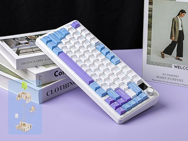 a keyboard with a blue and white design.