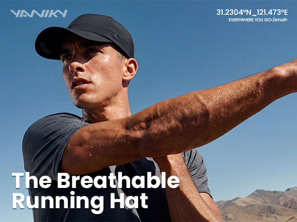 Black running hat for men. Male runner wearing a breathable, lightweight cap for outdoor sports 