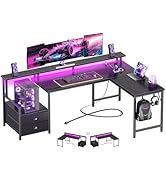 Furologee 66" L Shaped Gaming Desk with Power Outlet &amp; LED Lights, Reversible Corner Computer Des...