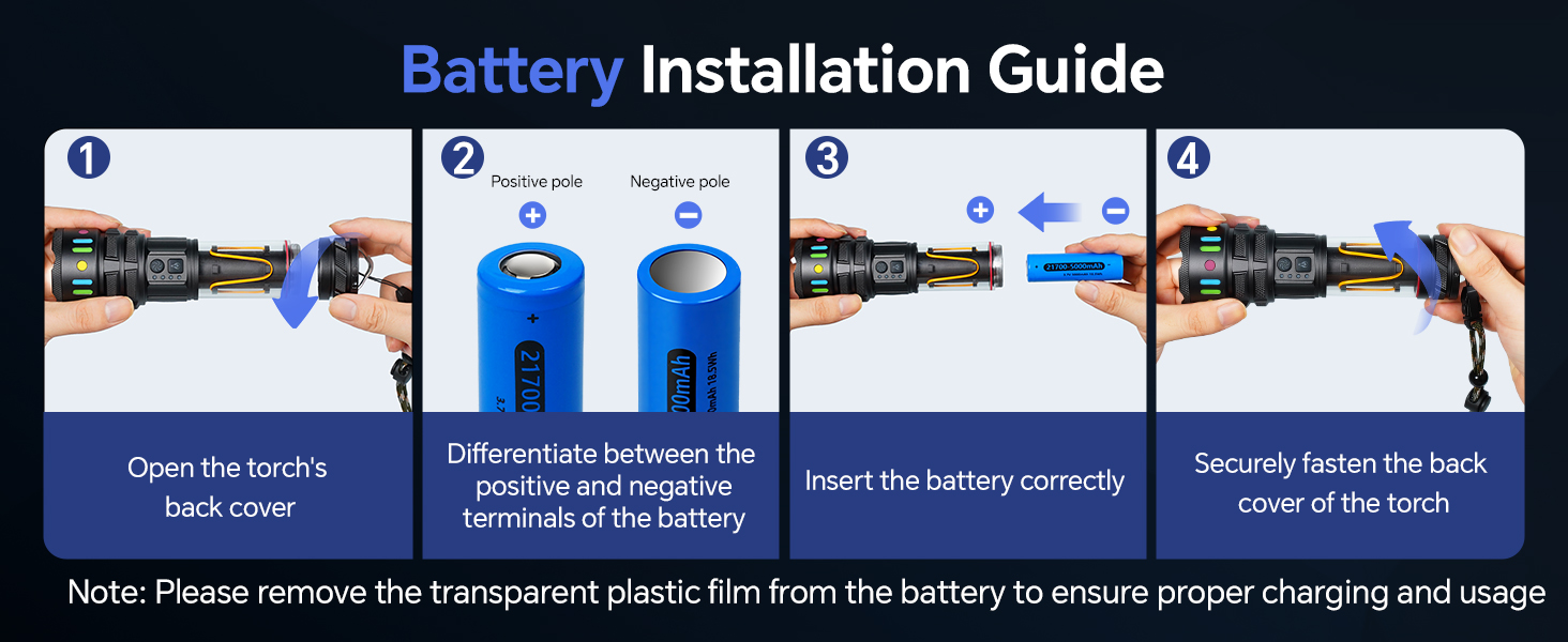 Text reads 'Battery Installation Guide'. Step-by-step installation instructions with blue and white icons showing battery replacement process.
