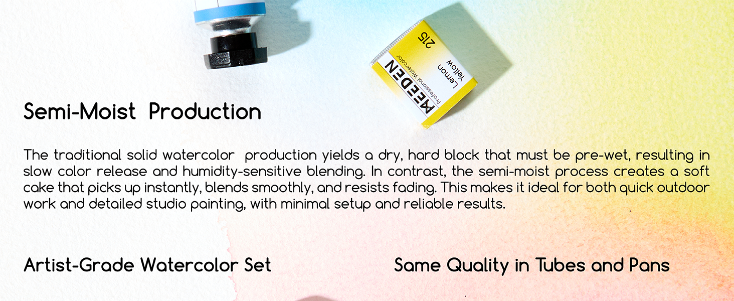 Semi-moist cake picks up instantly, blends smoothly, perfect for quick plein-air or detailed work.