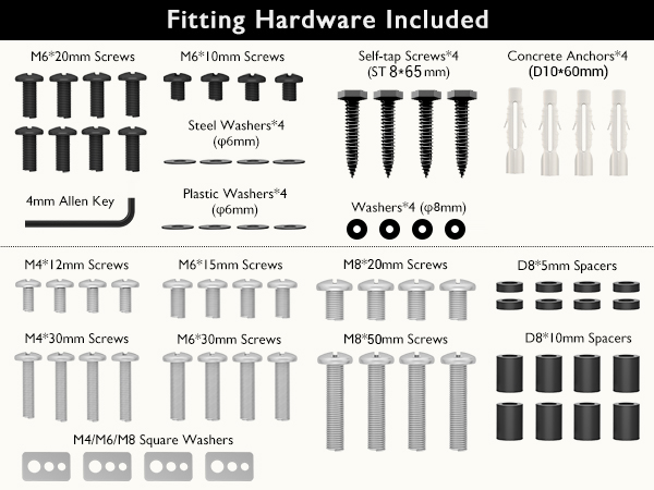 Text reads 'Fitting Hardware Included'. Technical diagram showing various screws, anchors, and mounting hardware components with specifications laid out in grid format.