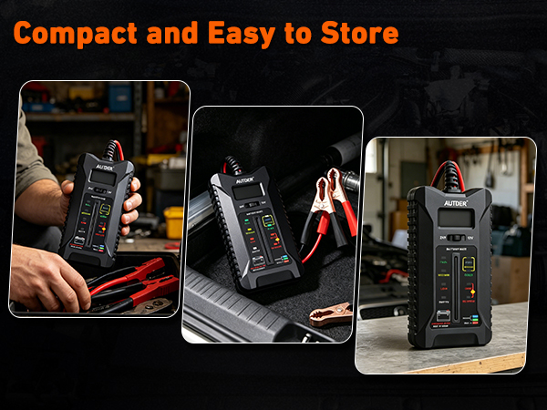 Text reads "Compact and Easy to Store". Three photos showing portable handheld electronic device with display screen and controls used in various settings and storage positions.