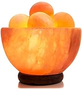 UMAID Himalayan Salt Lamp Bowl with 6 Pink Salt Massage Balls, Modern Wood Base, Bulb and Dimmabl...