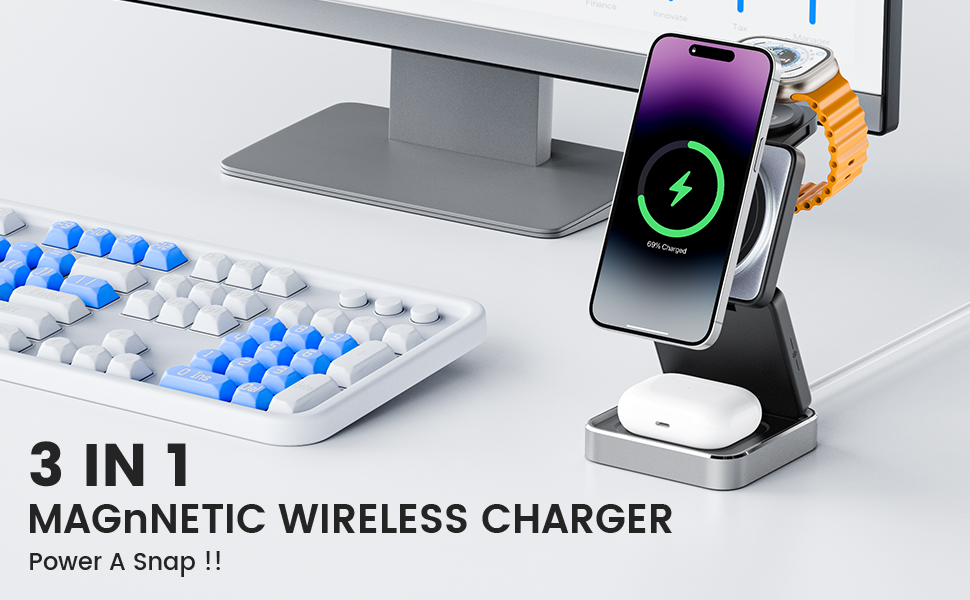 Upgrade Powerful Mag-Safe Charger Stand/Mag-Safe charger 3 in 1 makes fast charging safe and easy