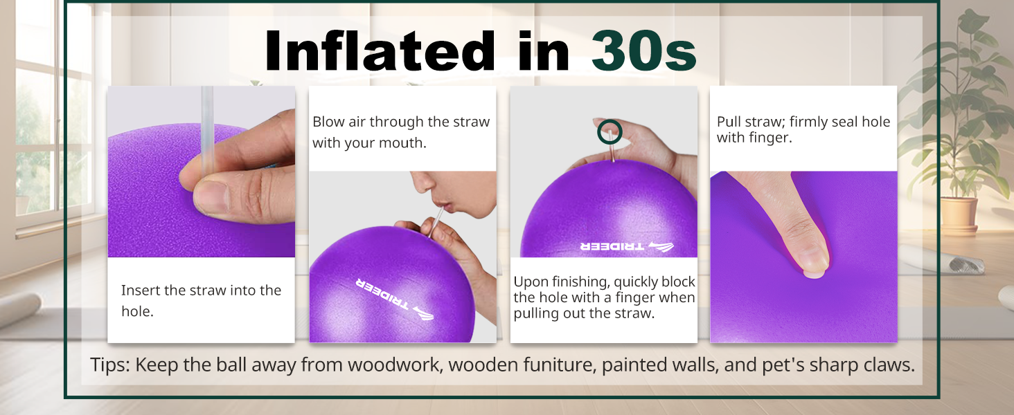 Text reads 'Inflated in 30s'. Instructional panels showing purple inflatable object with step-by-step inflation process demonstrated in multiple images.