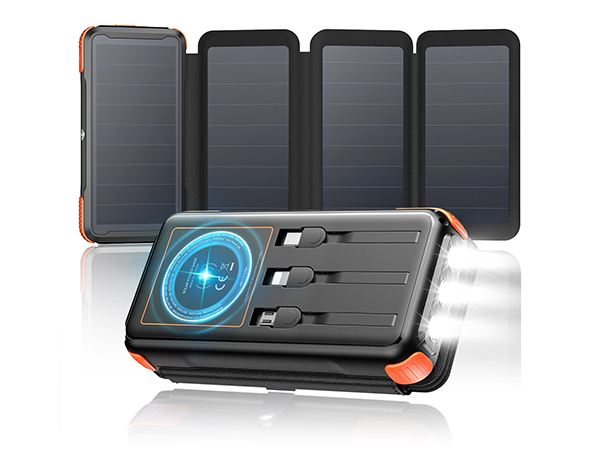 25000mAh wireless solar power bank with 4 foldable solar panels and LED camping flashlights