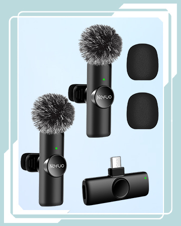 Set of black microphones with fuzzy windscreens, foam covers, and a USB adapter, arranged on a light blue background.