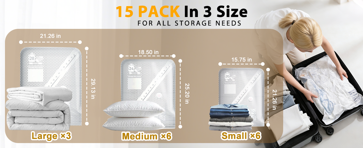 15-pack vacuum storage bags in 3 sizes: large, medium, small, with inch dimensions shown.