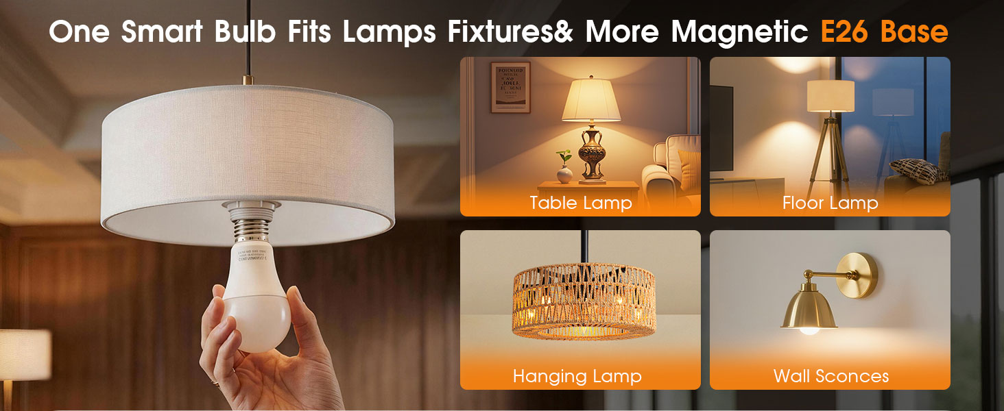 Magnetic E26 smart bulb fits various lamps.