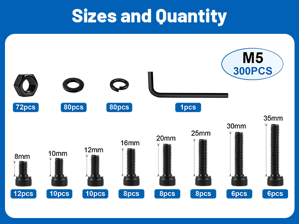 DFDU 300PCS 12.9 Grade Alloy Steel M5 Hex Socket Head Bolts Assortment Kit