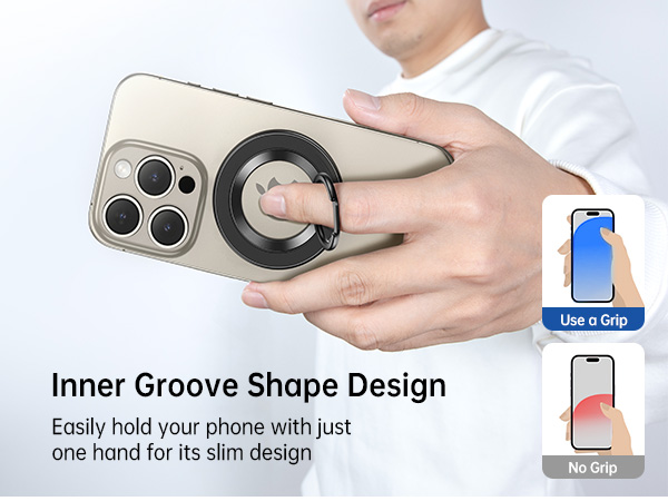 Phone grip accessory with inner groove design, demonstrated on a smartphone. Comparison images show improved one-handed phone holding.