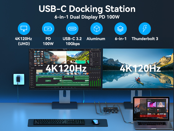 USB-C Docking Station 6-in-1 Dual Display PD 100W