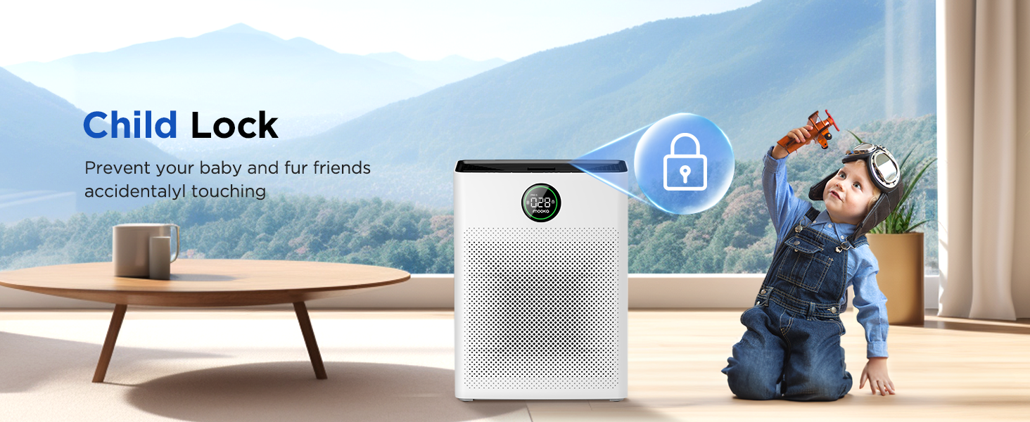 Mooka air purifier for large room with a safety child lock button to prevent accidental touching