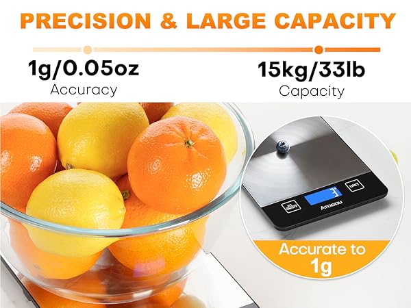 Atogou Food Scale, 33lb/15kg Rechargeable Kitchen Scale with Full-View Backlit LCD Display