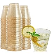FOCUSLINE 100 Pack Gold Glitter Plastic Cups 9 oz Clear Plastic Cups Tumblers, Fancy Disposable H...