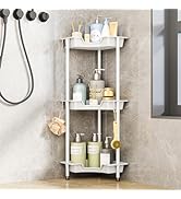 SWTYMIKI Corner Shower Caddy Organizer - 3 Tier Floor Standing Shower Organizer with 4 Hooks, Pla...