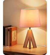 GOEBLESON Pink Table Lamp, Small Tripod Table Lamp, Boho Bedside Lamp with Pink Linen Shade &amp; Woo...