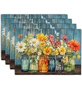 Rustic Daisy Placemats Set of 4 Vintage Flower Vases Wood Grain Linen Table Mats 12x18 Inch Summe...