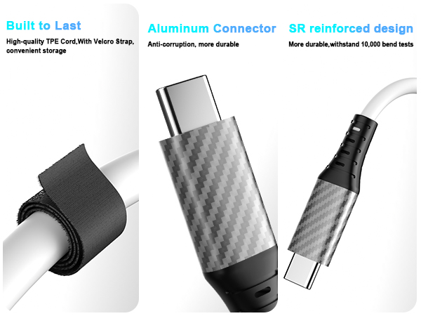 Text reads 'Built to Last', 'Aluminum Connector', 'SR reinforced design'. Product image showing three views of a black and gray USB-C connector or cable.